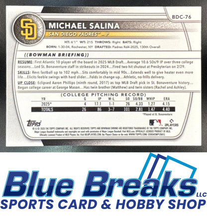 2025 Bowman Draft Michael Salina #BDC-76 Chrome Purple Refractor 183/250 1st Prospect San Diego Padres