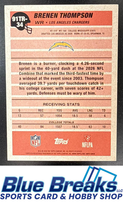 2026 Topps Brenen Thompson #91TR-34 1991 Rookie Gold 02/50 RC Los Angeles Chargers
