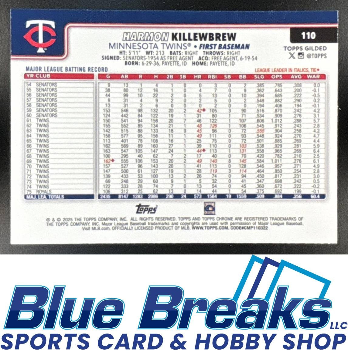 2025 Topps Gilded Collection Harmon Killebrew #110 Chrome Gold Wave Refractor 59/75 Minnesota Twins