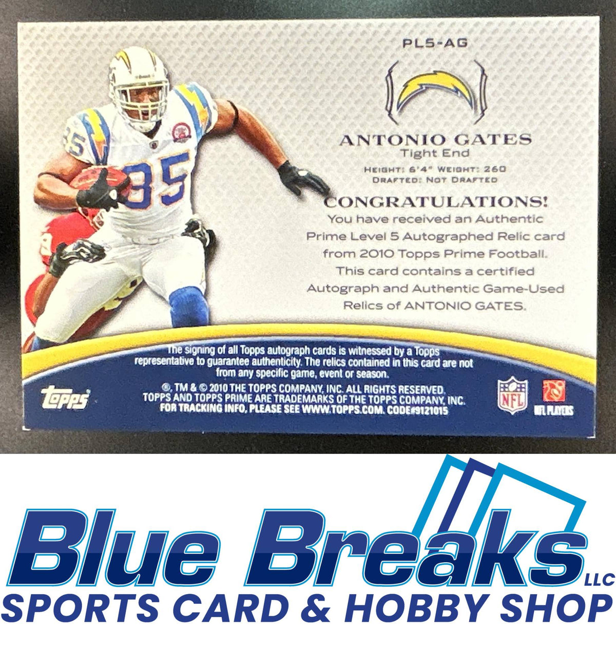 2010 Topps Prime Antonio Gates #PL5-AG Auto Relics Level 5 122/150 Los Angeles Chargers