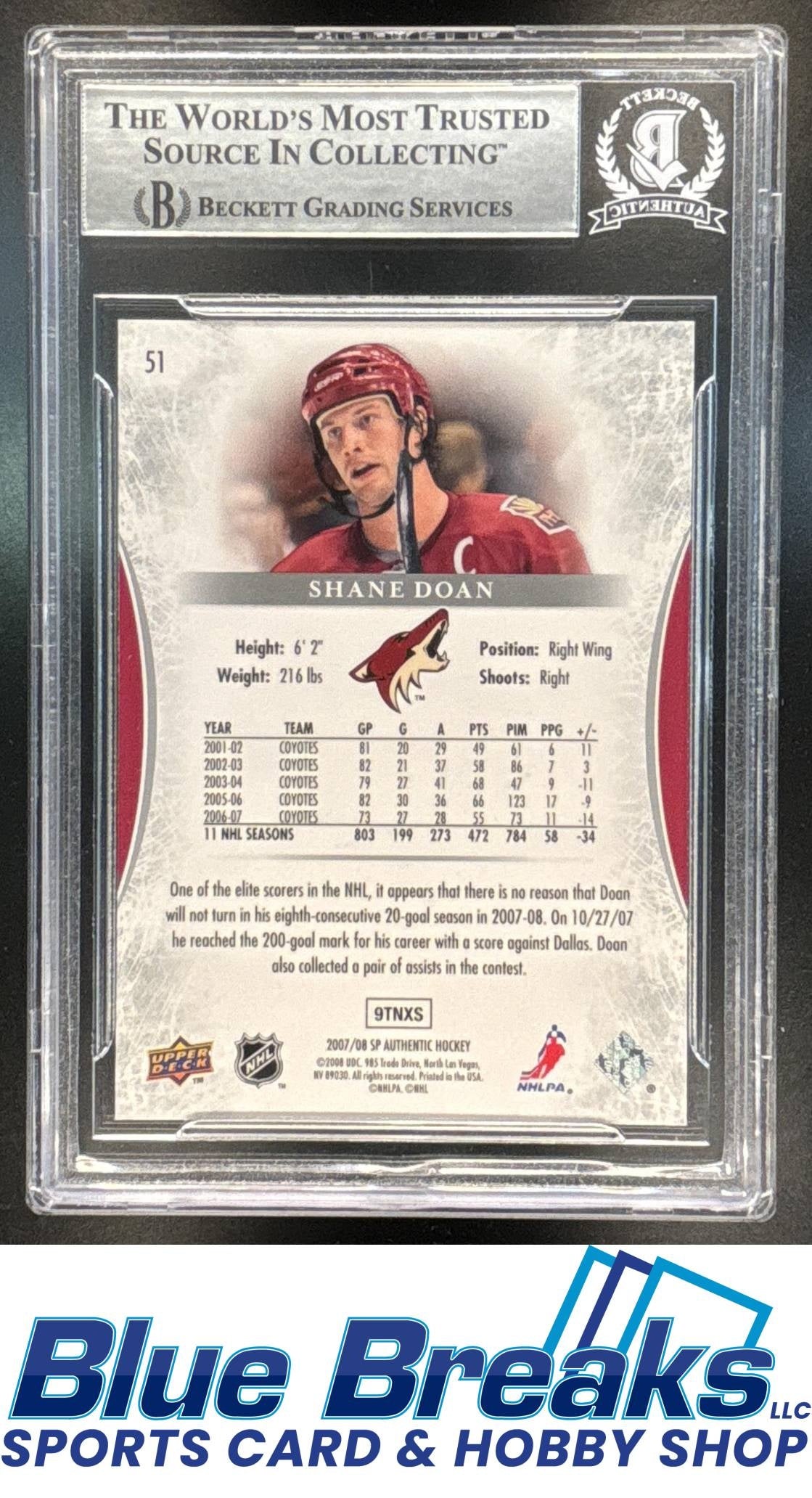 2007-08 SP Authentic Shane Doan #51 Beckett Authentic Auto Hockey Phoenix Coyotes / Utah Mammoth