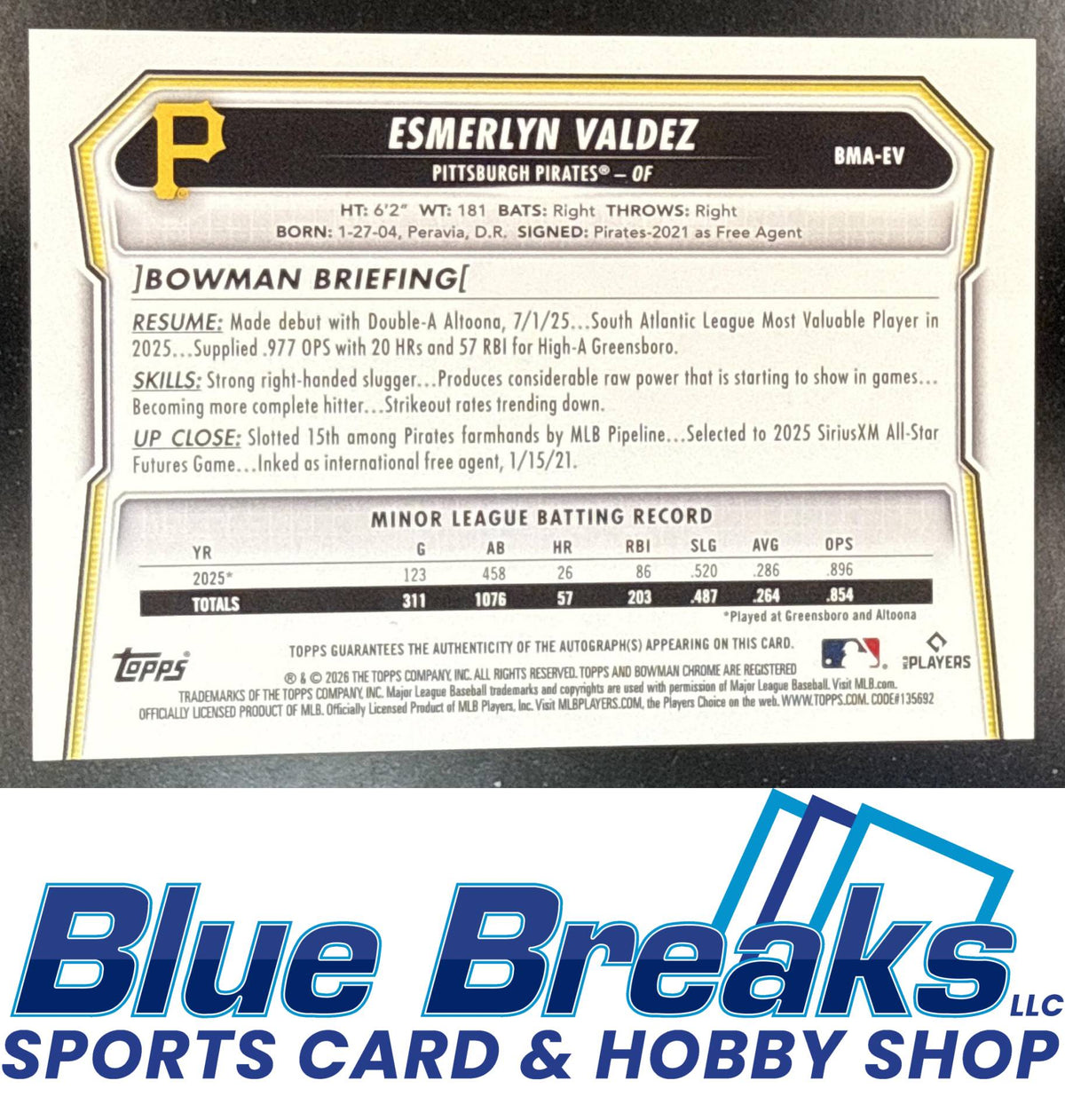 2026 Bowman Mega Box Esmerlyn Valdez #BMA-EV Chrome Prospect Auto Mojo Refractor Pittsburgh Pirates