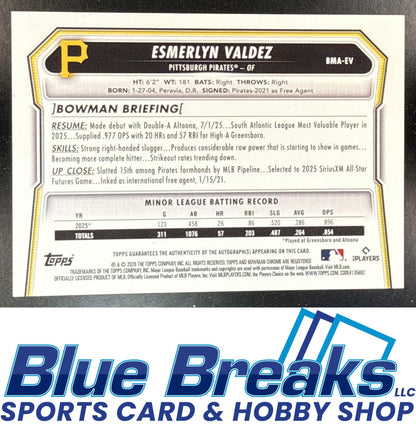 2026 Bowman Mega Box Esmerlyn Valdez #BMA-EV Chrome Prospect Auto Mojo Refractor Pittsburgh Pirates