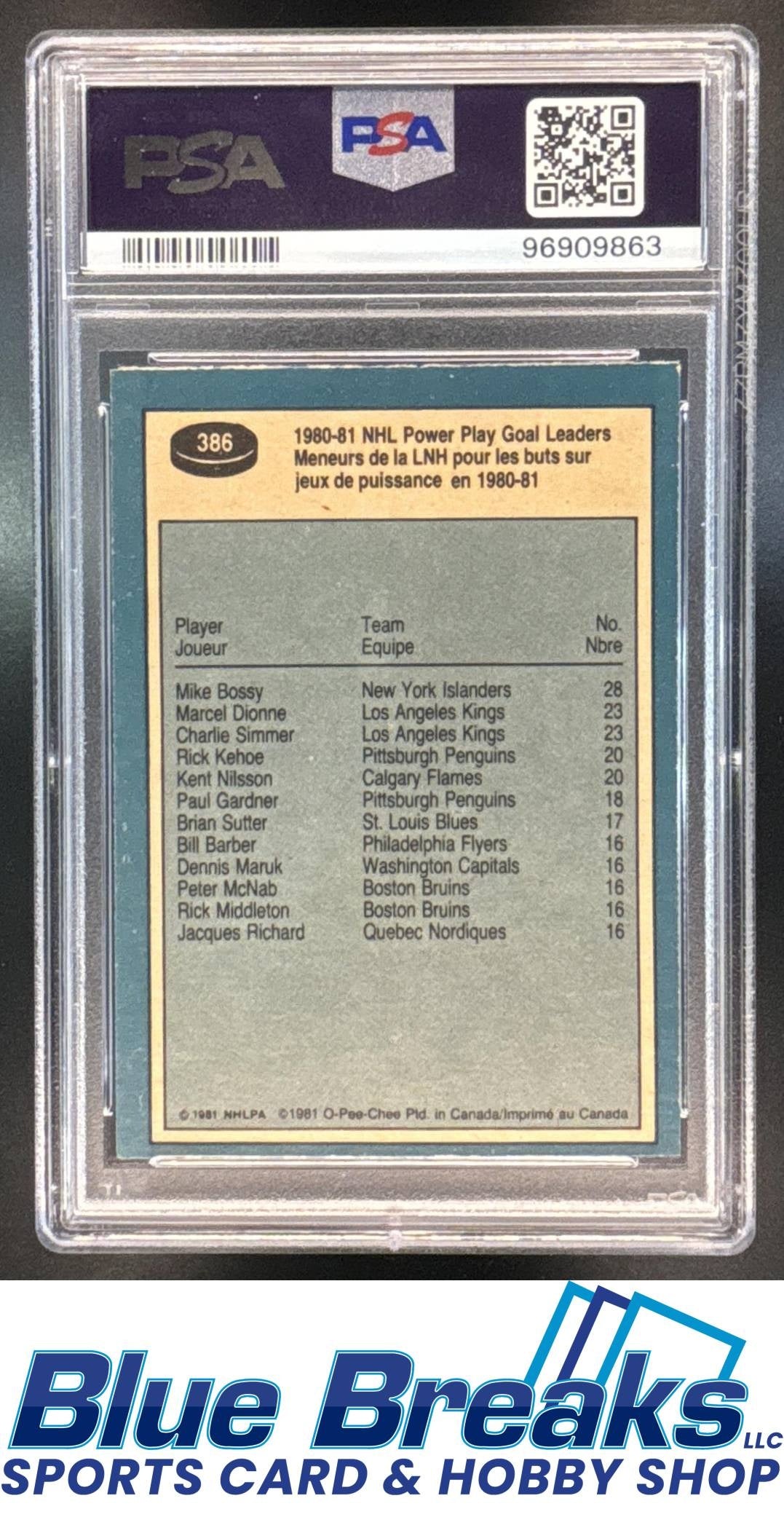 1981 O-Pee-Chee 1980-81 NHL Power Play Goal Leader Mike Bossy #386 PSA 9 New York Islanders