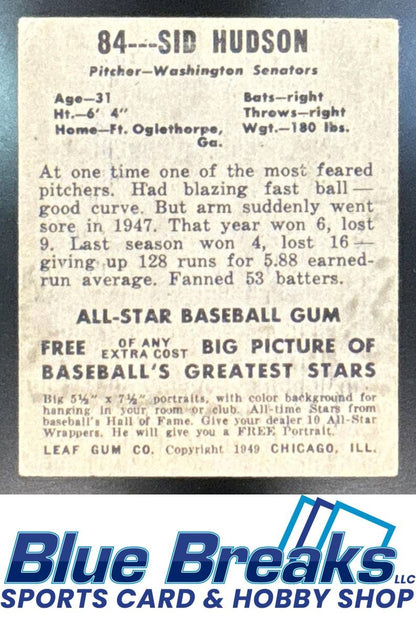 1948 Leaf Sid Hudson #84 Senators