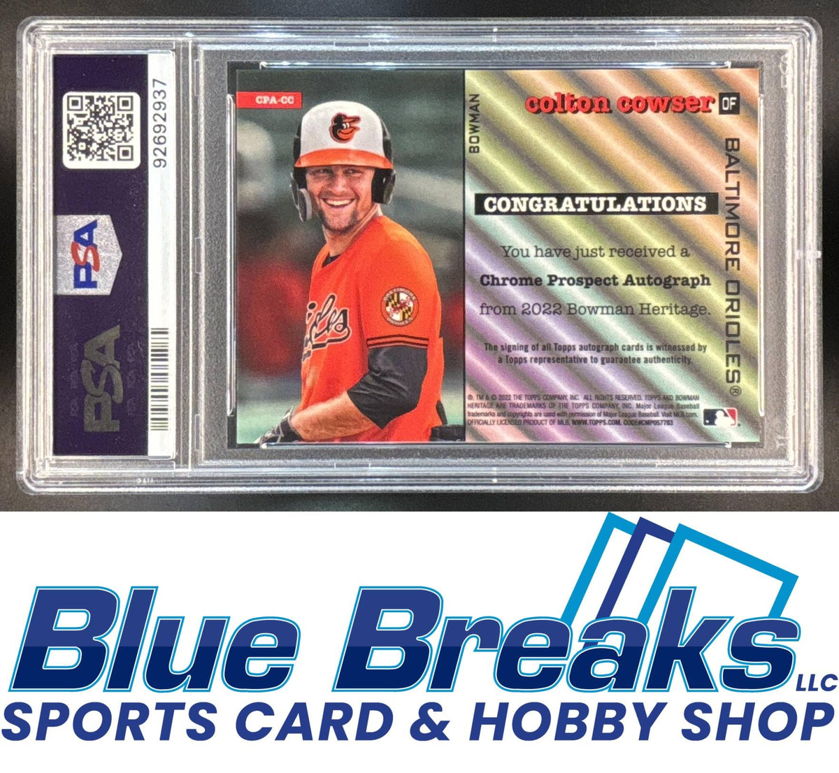 2022 Bowman Heritage Colton Cowser #CPA-CC Chrome Prospect Auto Refractor PSA 10 baseball Orioles