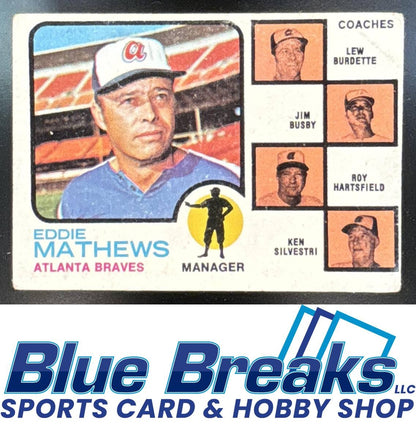 1973 Topps Braves Field Leaders Eddie Mathews Lew Burdette Jim Busby Roy Hartsfield Ken Silvestri MGR #237b