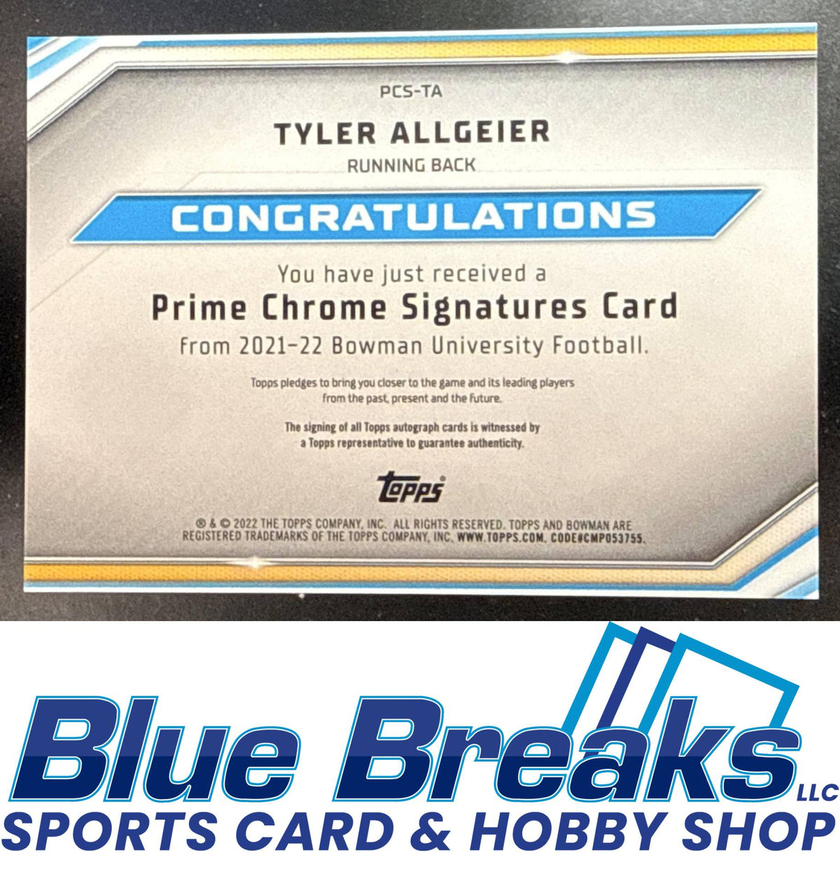 2021 Bowman University Tyler Allgeier #PCS-TA Prime Chrome Signatures 39/50 Auto Arizona Cardinals
