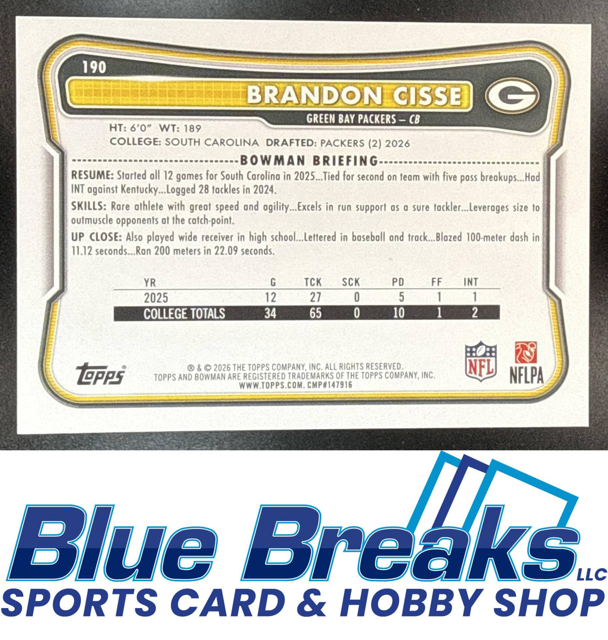 2026 Bowman NFL Aqua Brandon Cisse 133/199 Rookie #190 RC Green Bay Packers