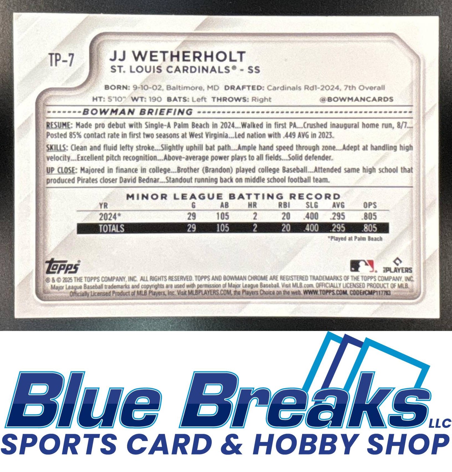 2025 Topps NSCC Silver Pack Wrapper Redemption - MLB JJ Wetherholt #TP-7 Bowman Chrome St. Louis Cardinals