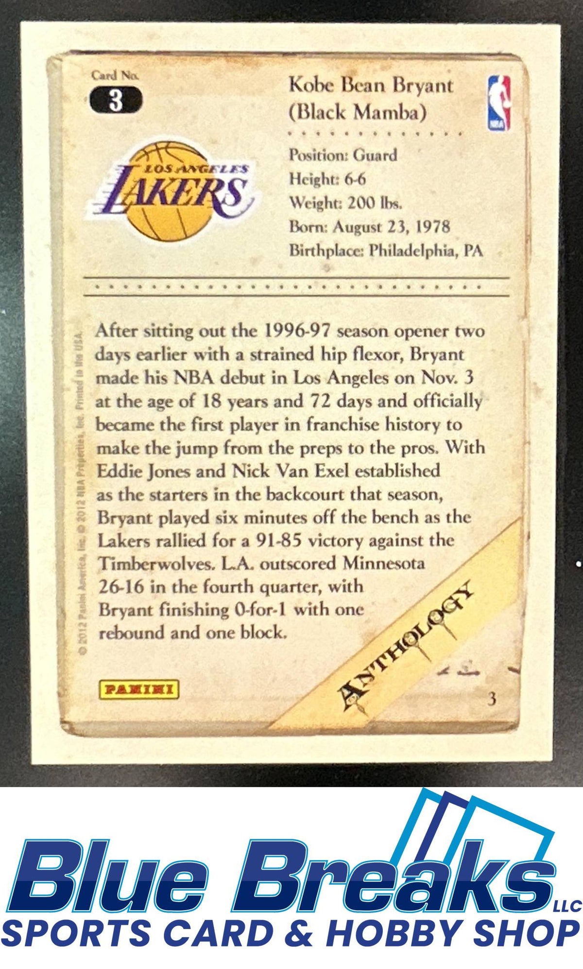 2012-13 Panini Kobe Anthology Bryant #3 Los Angeles Lakers