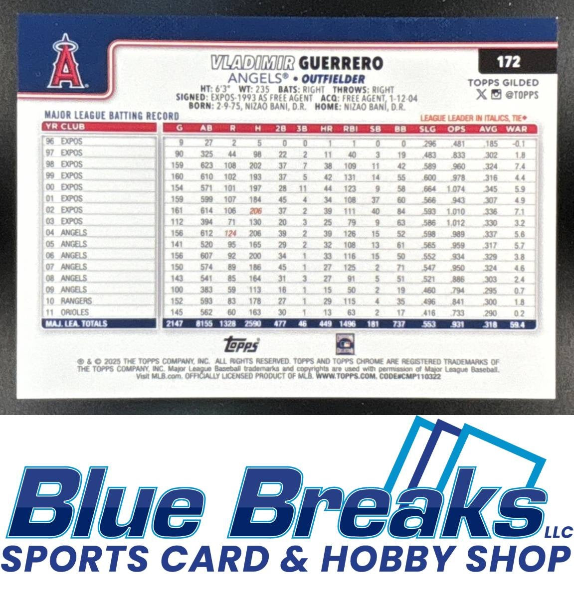 2025 Topps Gilded Collection Vladimir Guerrero #172 Chrome Gold RayWave Refractor 16/25 Los Angeles Angels