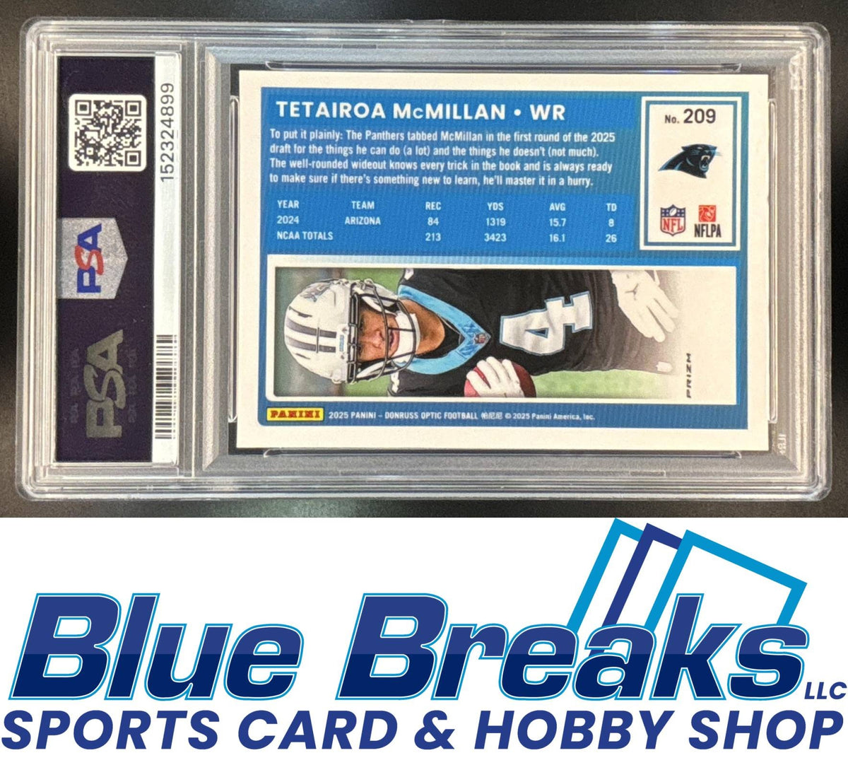 2025 Panini Donruss Optic Tetairoa McMillan #209 Rated RC Blue Glitter Prizm PSA 9