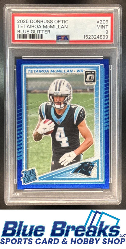 2025 Panini Donruss Optic Tetairoa McMillan #209 Rated RC Blue Glitter Prizm PSA 9