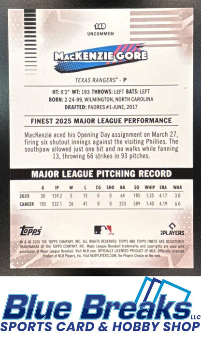 2026 Topps Finest MacKenzie Gore #148 White Mini-Diamond Refractor 16/30 Texas Rangers