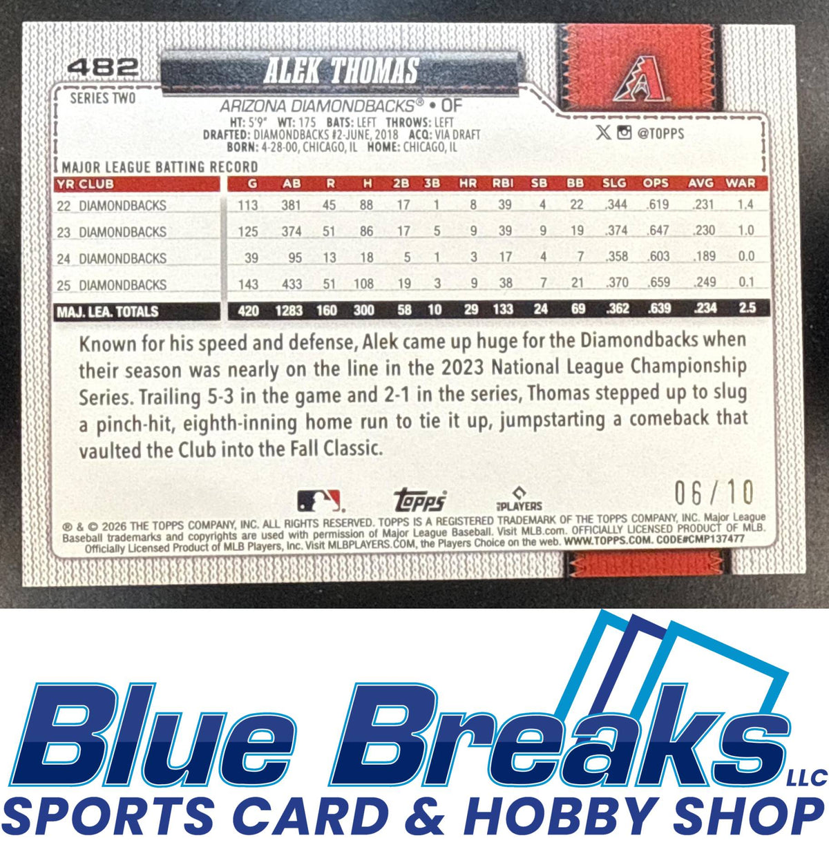 2026 Topps Series 2 Alek Thomas #482 All-Star Game Black Foil 06/10 Arizona Diamondbacks