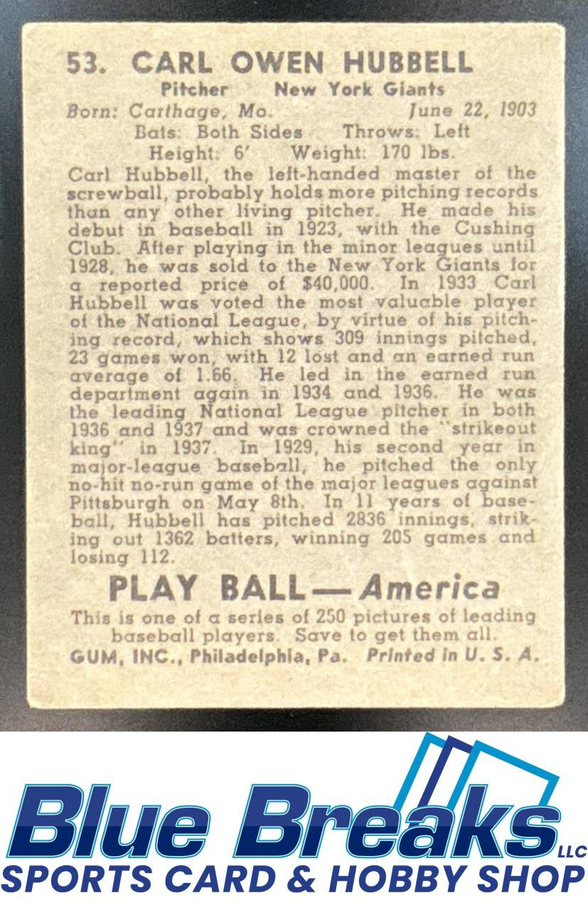 1939 Play Ball Carl Hubbell #53 Giants