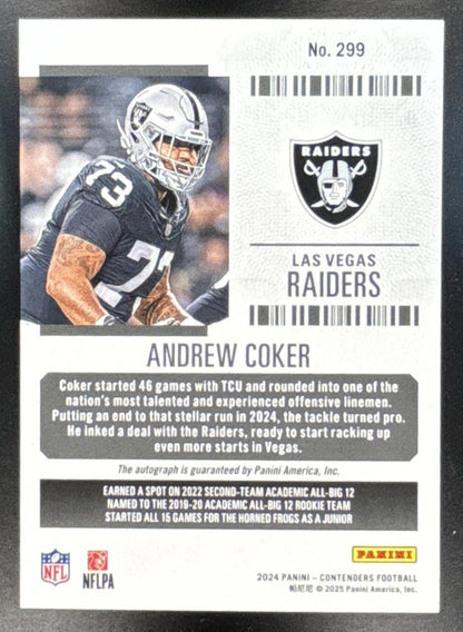 2024 Panini Contenders Andrew Coker #299 RC Ticket Auto Opening Kickoff