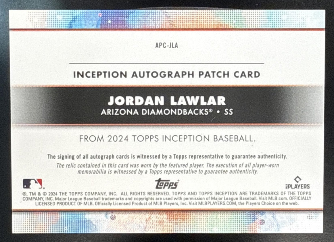2024 Topps Inception Jordan Lawlar #APC-JLA Auto Relic Cards Magenta /75 RC