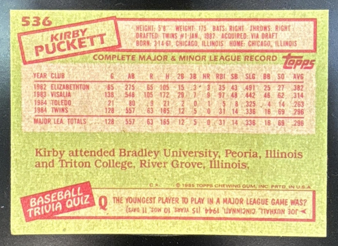 1985 Topps - Kirby Puckett [RC] #536 RC Minnesota Twins