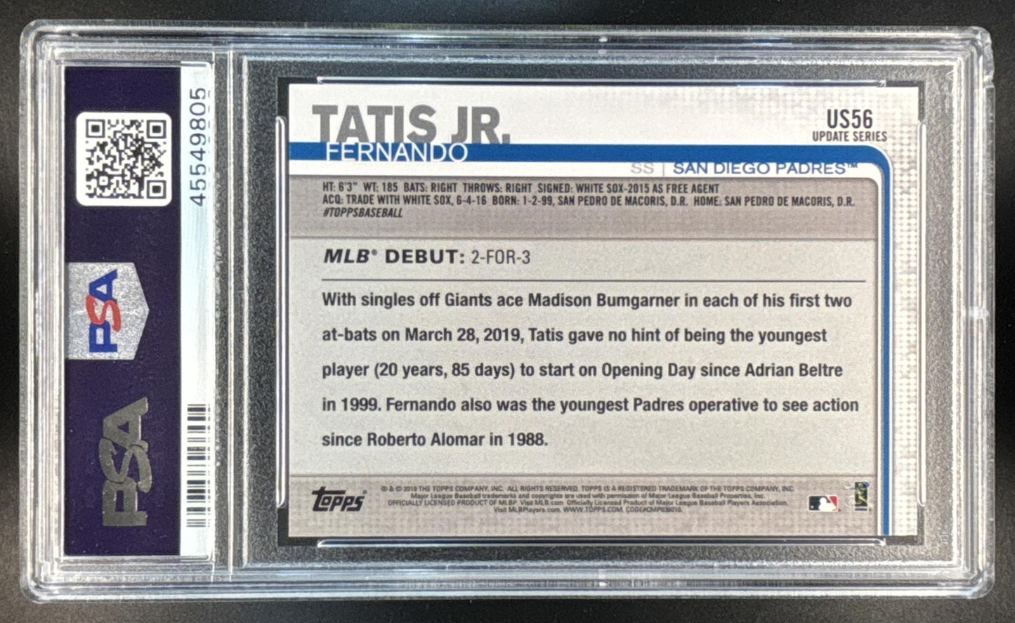 2019 Topps Update Fernando Tatis Jr. #US56 Rainbow Foil RC PSA 10