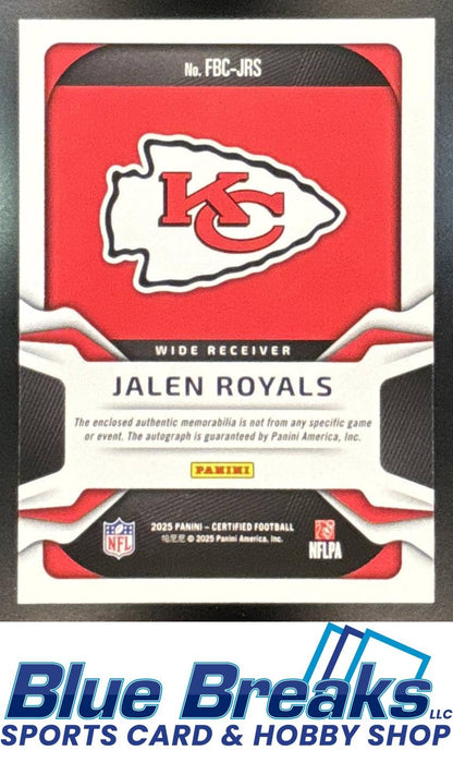 2025 Panini Certified Jalen Royals #FBC-JRS Freshman Fabric Mirror Signatures Pink 240/299 Relic RC Auto Chiefs