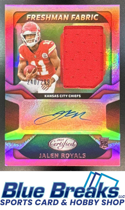 2025 Panini Certified Jalen Royals #FBC-JRS Freshman Fabric Mirror Signatures Pink 240/299 Relic RC Auto Chiefs