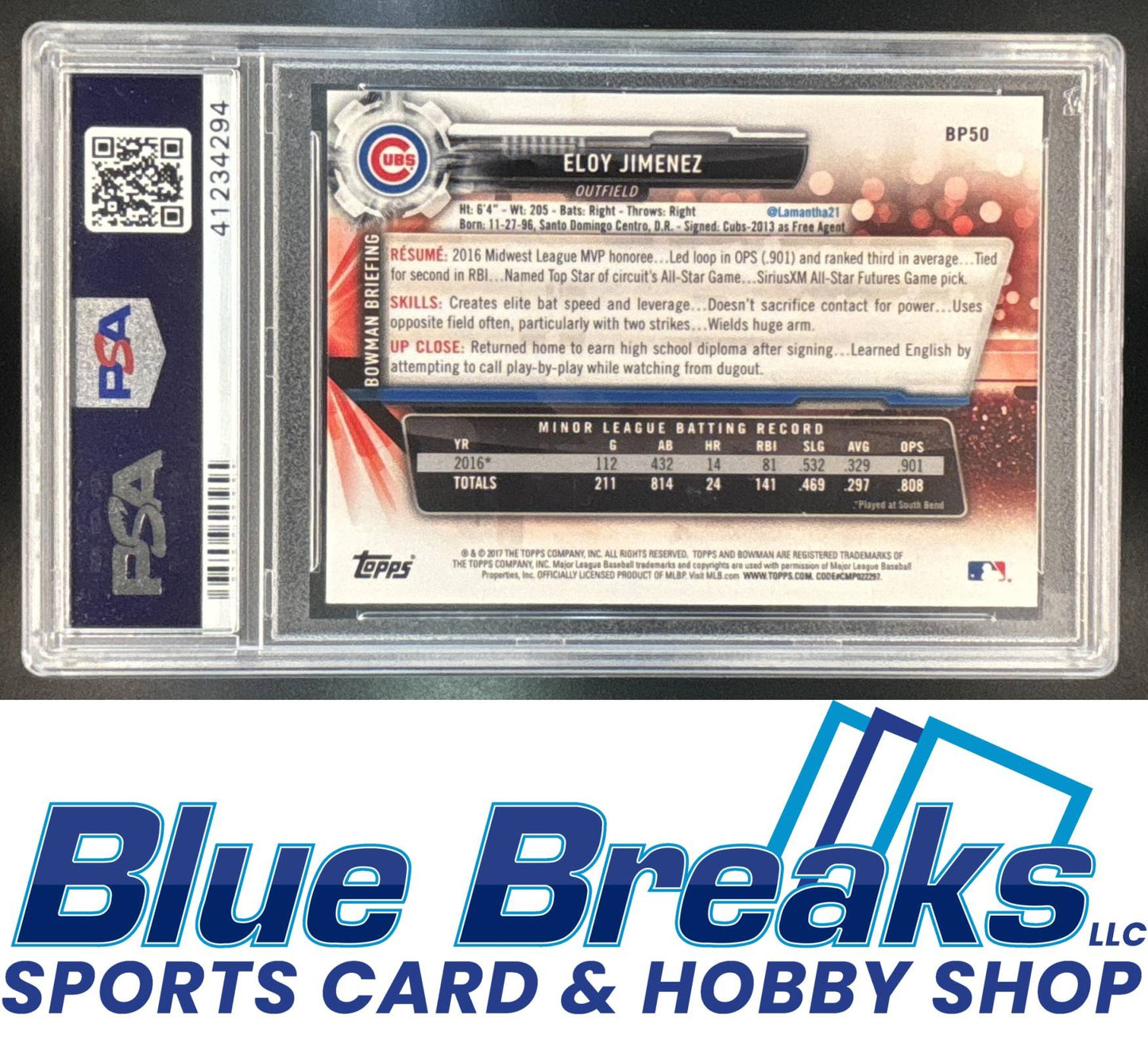2017 Bowman Prospects Eloy Jimenez #BP50 a PSA 10 Chicago Cubs