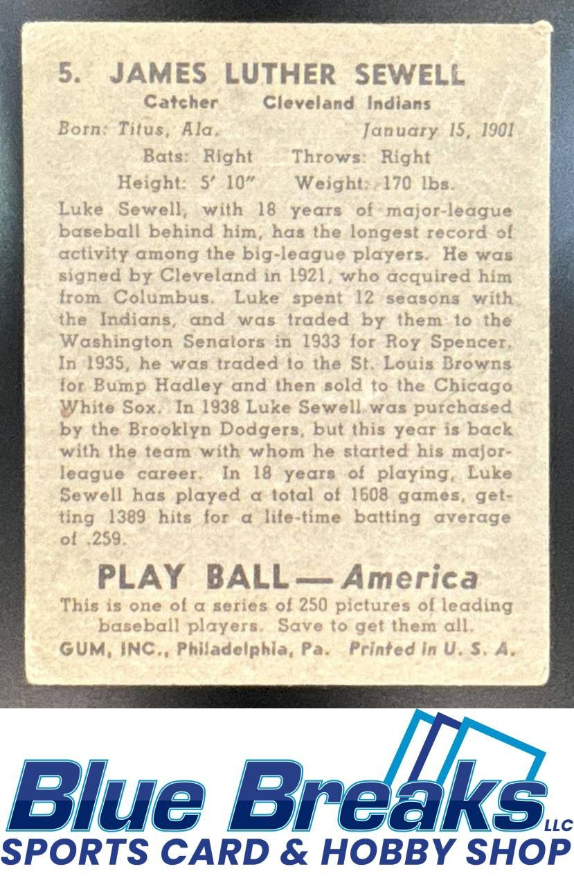 1939 Play Ball James Luther Sewell #5 a Indians