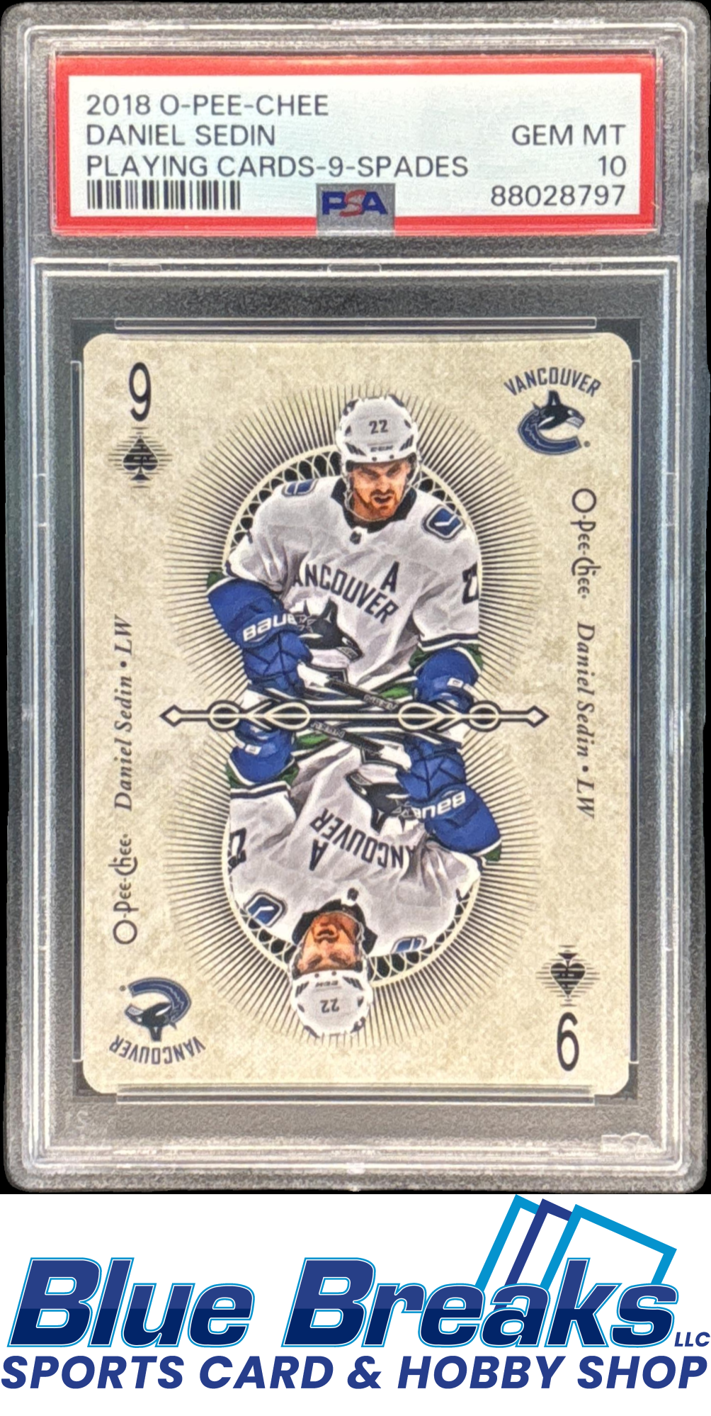 2018-19 O-Pee-Chee Playing Cards 9 of Spades Daniel Sedin PSA 10 Vancouver Canucks