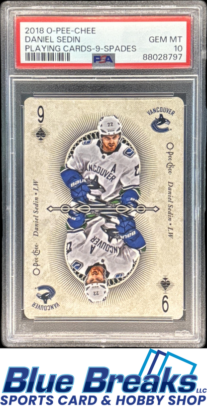 2018-19 O-Pee-Chee Playing Cards 9 of Spades Daniel Sedin PSA 10 Vancouver Canucks