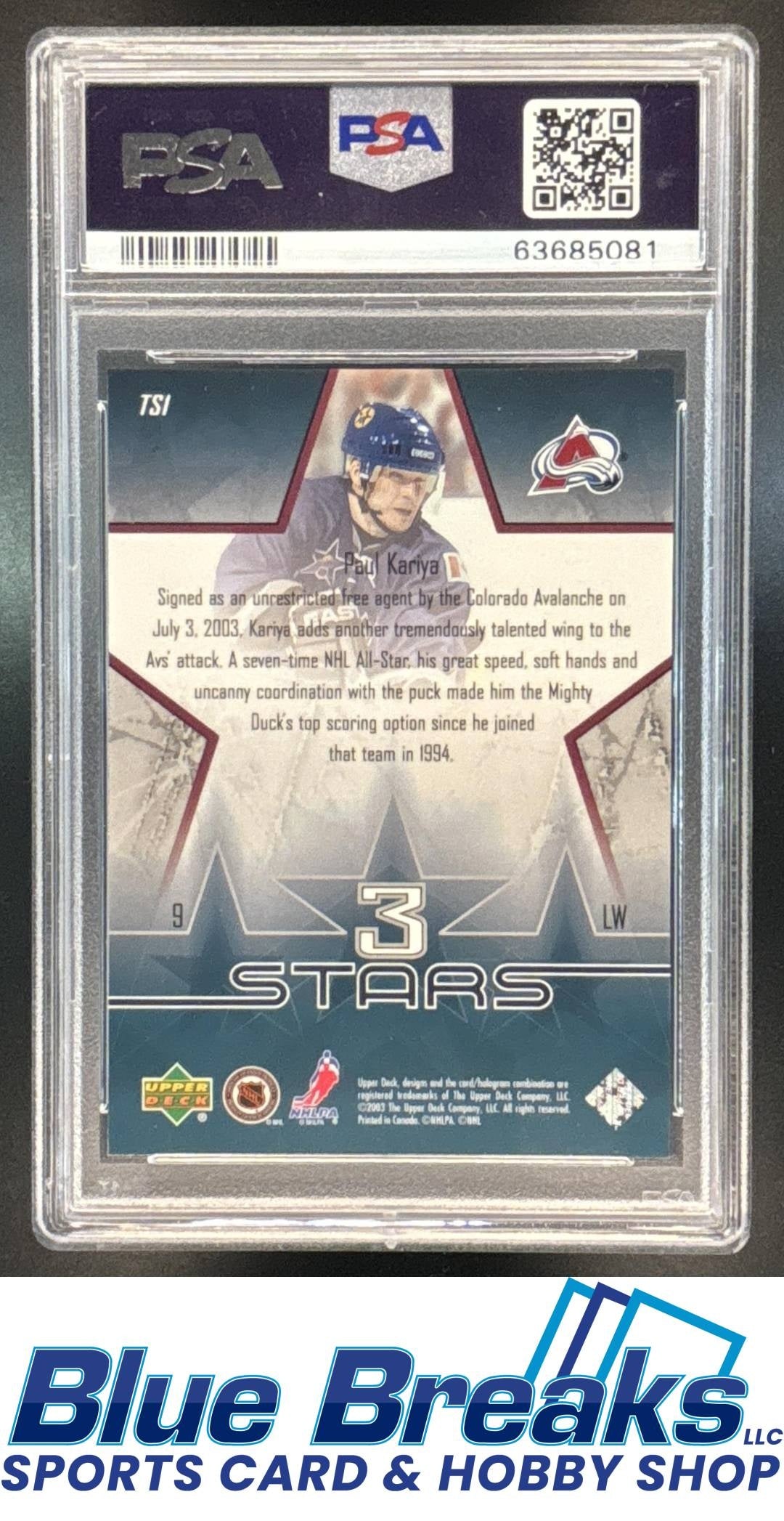 2003-04 Upper Deck 3 Stars Paul Kariya #TS1 PSA 10 Colorado Avalanche