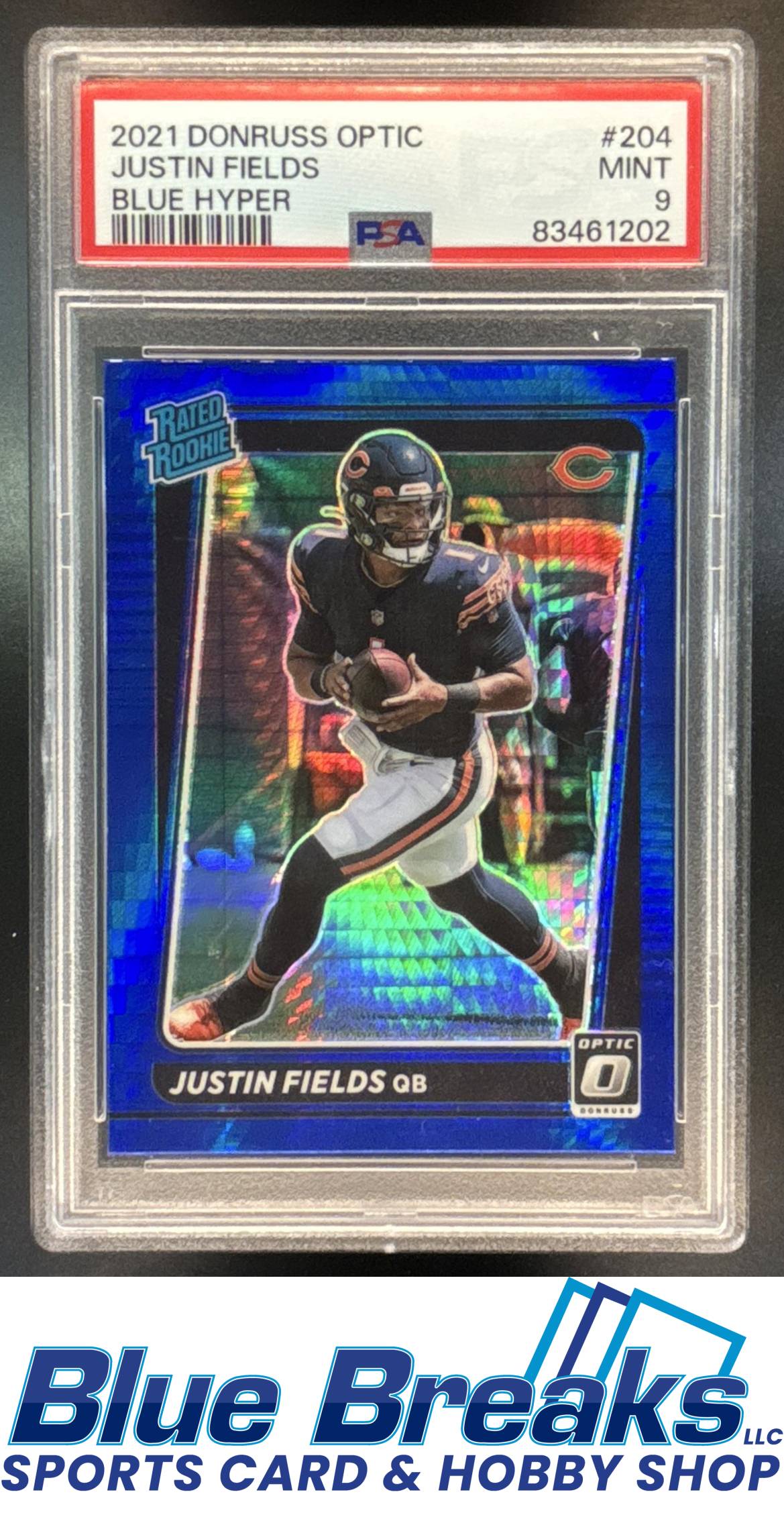 2021 Panini Donruss Optic Justin Fields #204 Blue Hyper RC Rated Rookie PSA 9 Chicago Bears