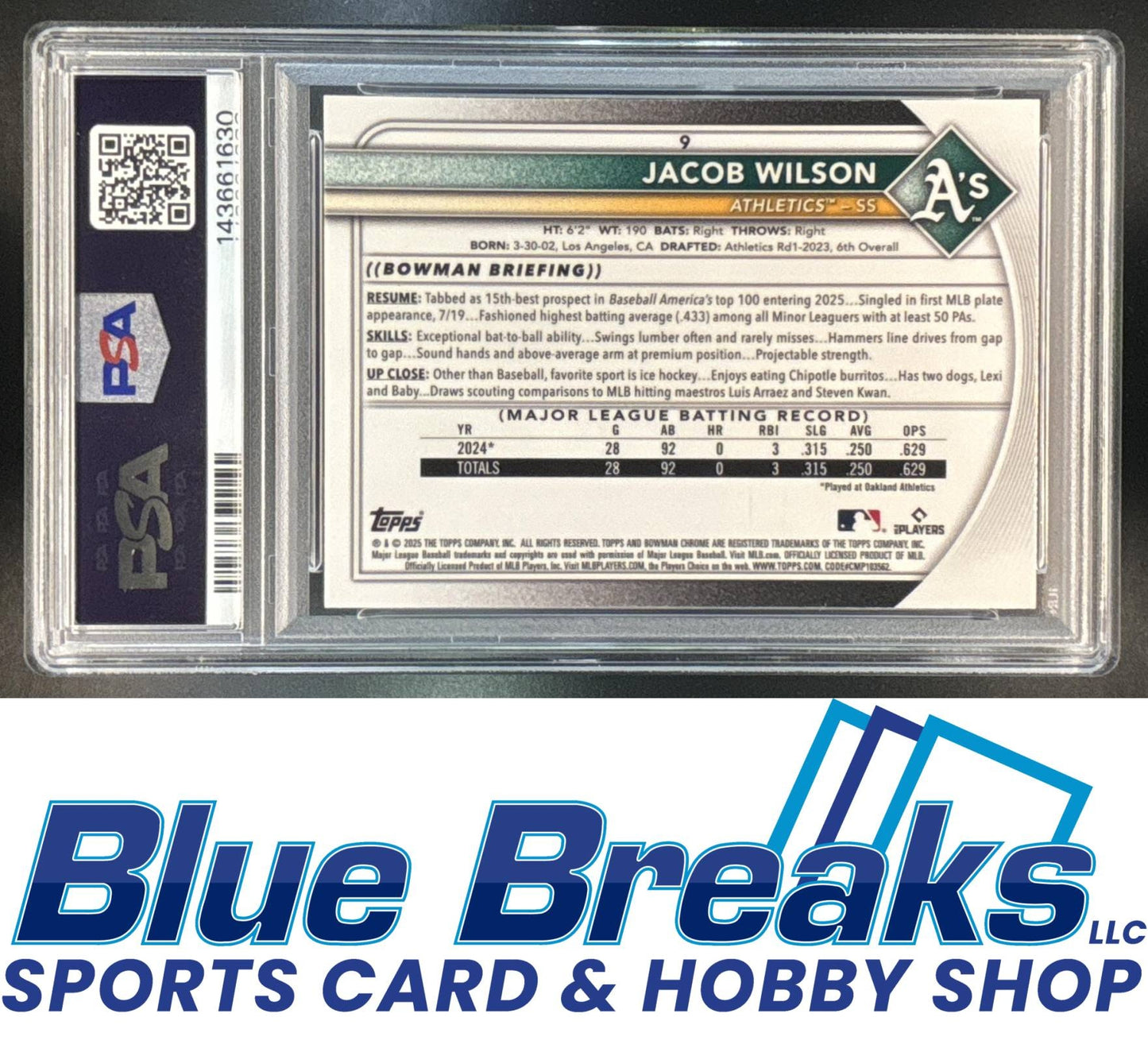 2025 Bowman Mega Box Refractor Jacob Wilson RC #9 PSA 9 Athletics