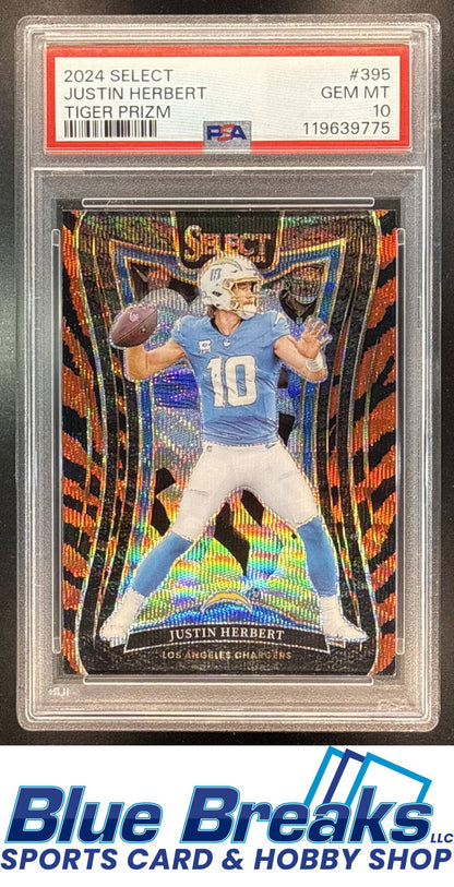 2024 Panini Select Justin Herbert #395 a Suite Tiger Prizm PSA 10 Los Angeles Chargers