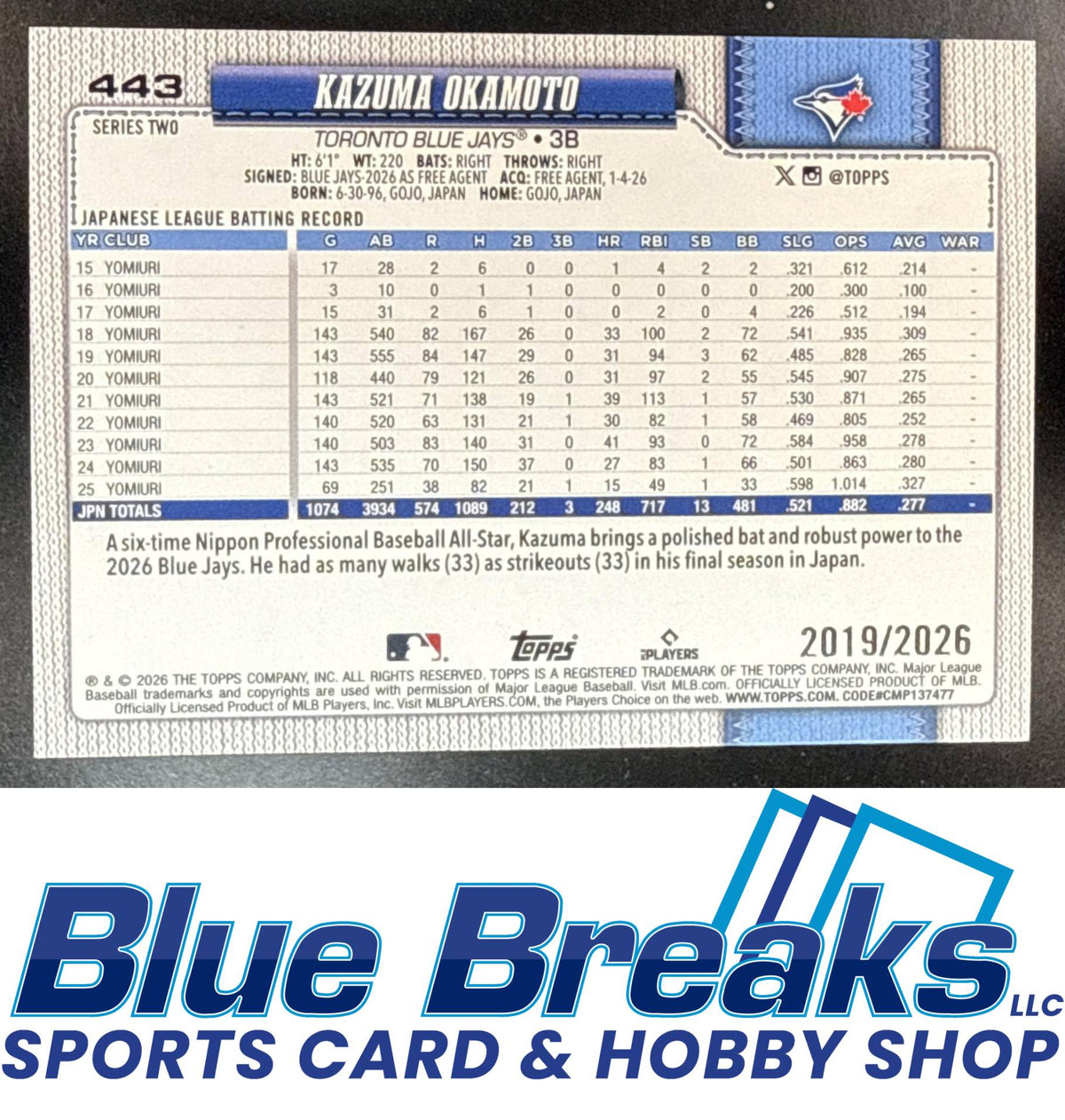 2026 Topps Series 2 Gold Kazuma Okamoto 2019/2026 #443 RC Toronto Blue Jays