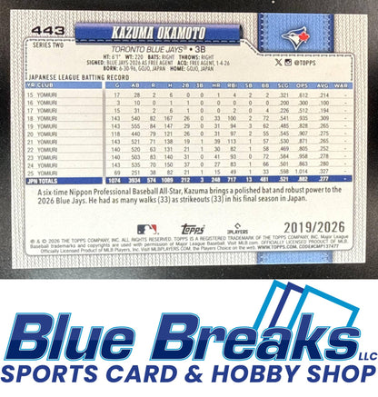 2026 Topps Series 2 Gold Kazuma Okamoto 2019/2026 #443 RC Toronto Blue Jays