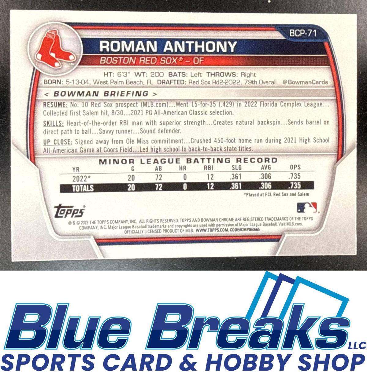 2023 Bowman Chrome Roman Anthony [RC] #BCP-71 1st Prospect Boston Red Sox