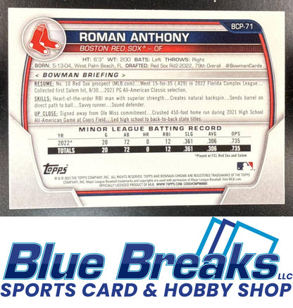 2023 Bowman Chrome Roman Anthony [RC] #BCP-71 1st Prospect Boston Red Sox