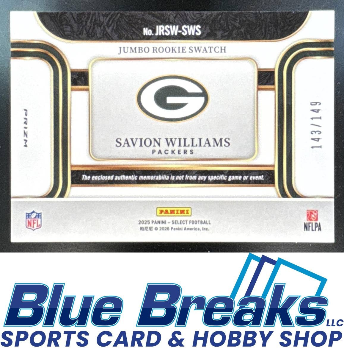 2025 Panini Select Savion Williams #JRSW-SWS Jumbo Rookie Swatch 143/149 RC Green Bay Packers