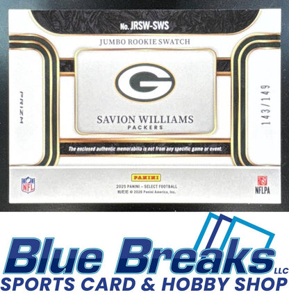 2025 Panini Select Savion Williams #JRSW-SWS Jumbo Rookie Swatch 143/149 RC Green Bay Packers