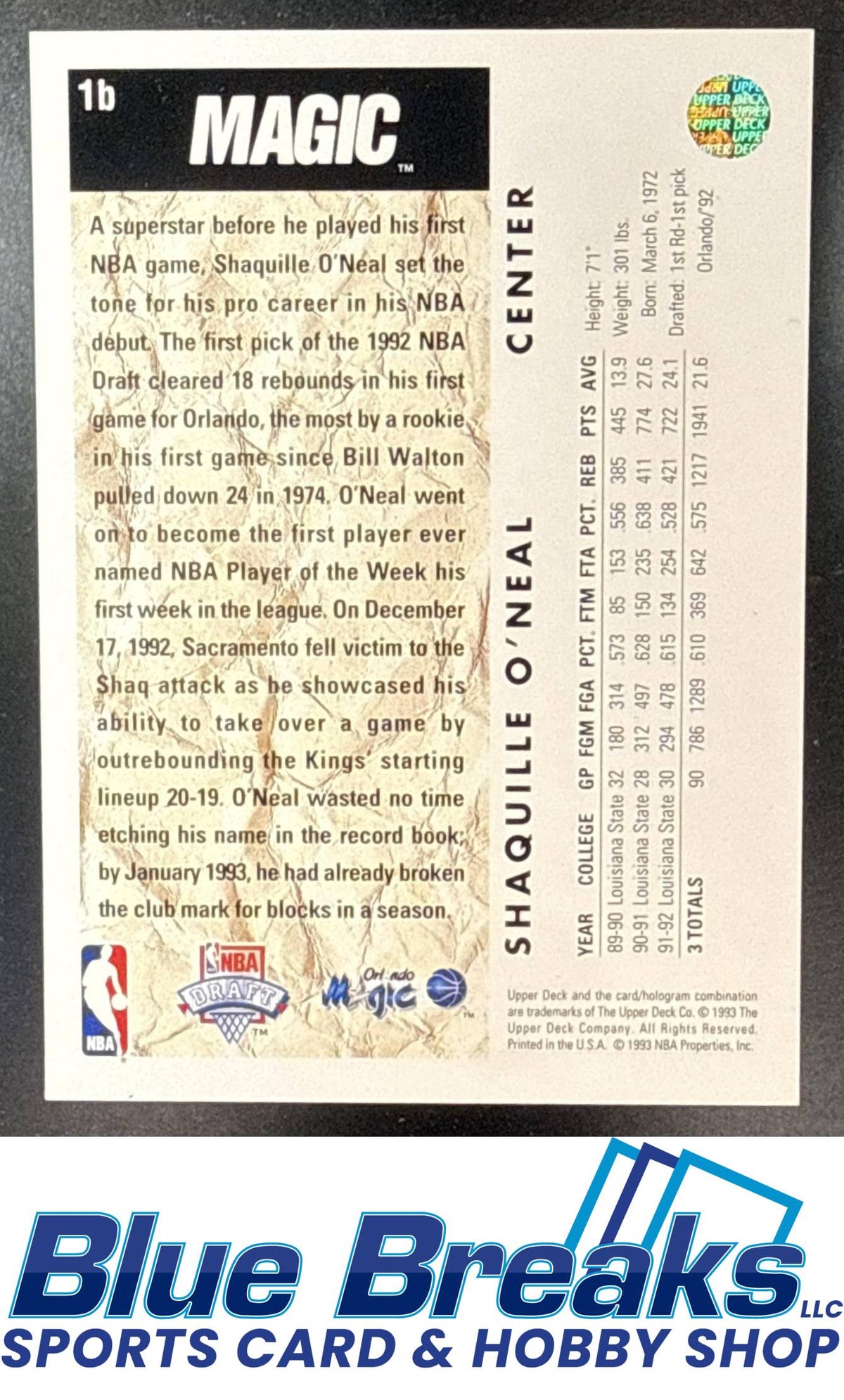 1992-93 Upper Deck Shaquille O'Neal [RC] #1b RC Orlando Magic