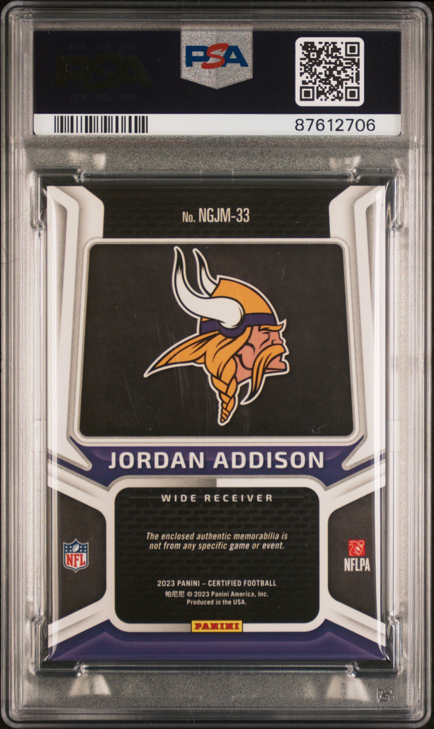 2023 Panini - Certified - New Generation Jersey - Mirror Gold - Jordan Addison - 15/25 - RC - PSA 9 - #NGJM-33 - football - Vikings