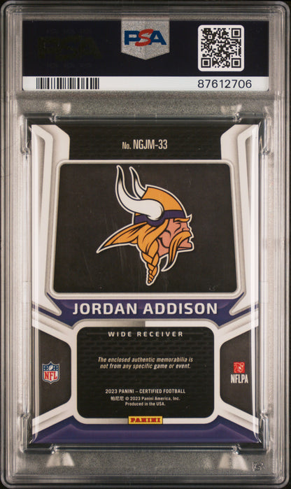 2023 Panini - Certified - New Generation Jersey - Mirror Gold - Jordan Addison - 15/25 - RC - PSA 9 - #NGJM-33 - football - Vikings
