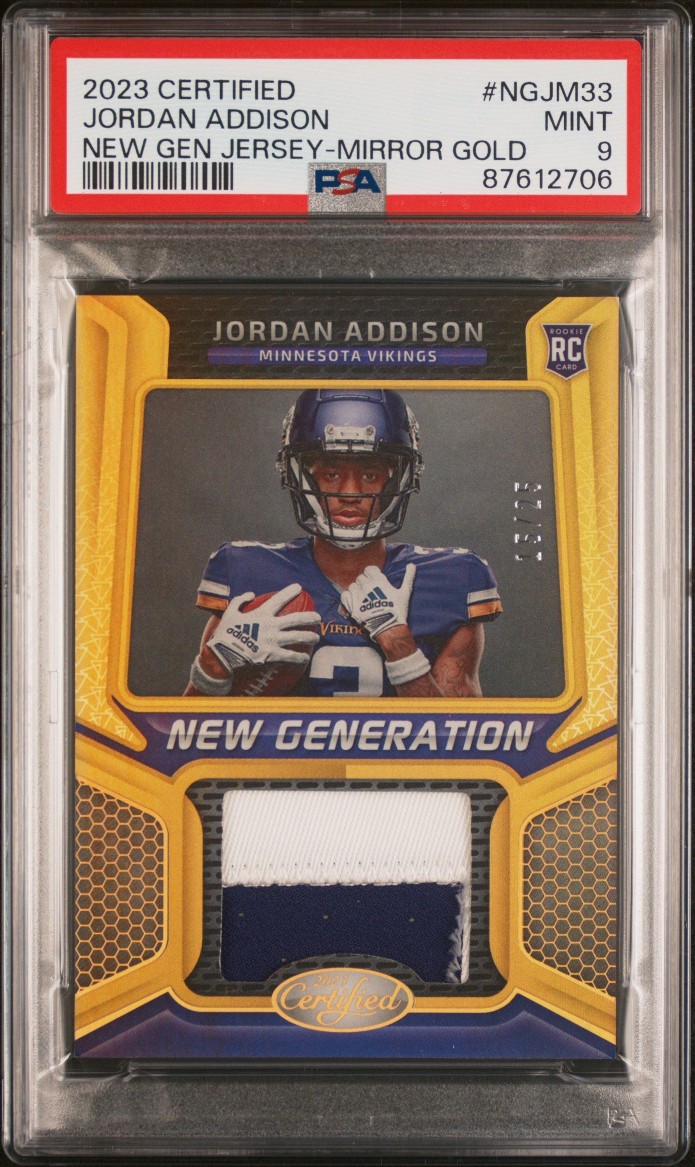 2023 Panini - Certified - New Generation Jersey - Mirror Gold - Jordan Addison - 15/25 - RC - PSA 9 - #NGJM-33 - football - Vikings