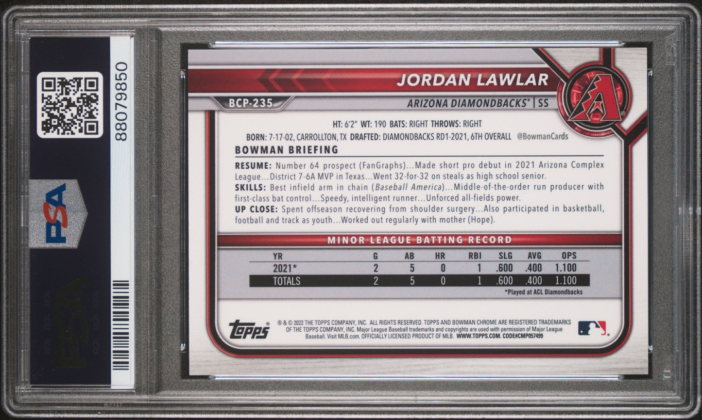 2022 Bowman Chrome - Sapphire - orange - Prospects - Jordan Lawlar - 13/75 - #BCP-235 - PSA 8 - baseball - Diamondbacks