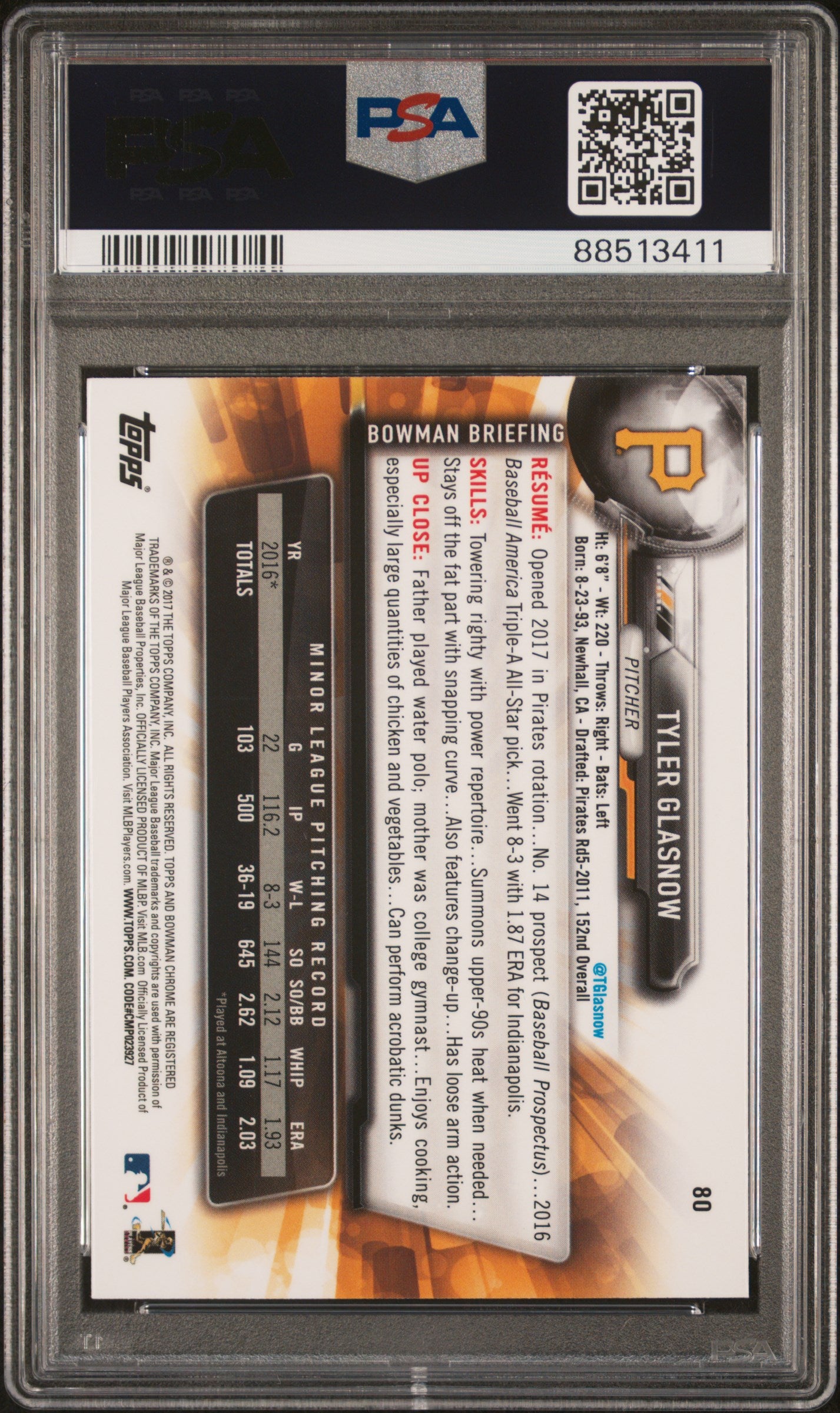 2017 Bowman Chrome - Black Jersey - Tyler Glasnow - RC - #80 - baseball - Pirates