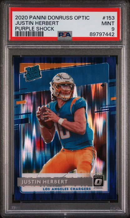 2020 Panini - Donruss Optic - Purple Shock - Rated Rookie - Justin Herbert - #153 - PSA 9 - football - Chargers