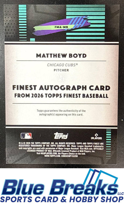 2026 Topps Finest Matthew Boyd #FMA-MB Mega Auto Gold Mini-Diamond Refractor 37/50 Chicago Cubs
