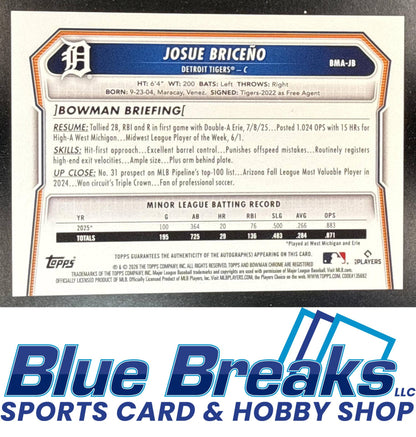 2026 Bowman Mega Box Josue Briceno #BMA-JB Chrome Prospect Auto Mojo Refractor Detroit Tigers